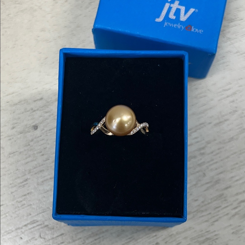 NIB - JTV Golden South Sea Pearl & Moissanite Ring 18k Gold over Silver – Sz 8 - Picture 5 of 11